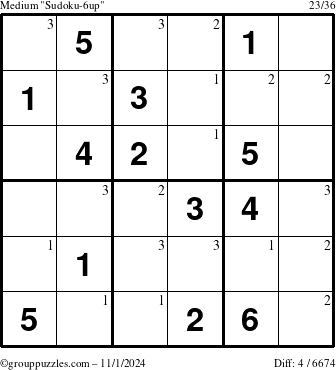 The grouppuzzles.com Medium Sudoku-6up puzzle for Friday November 1, 2024 with the first 3 steps marked