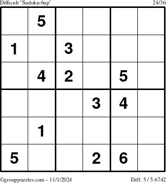 The grouppuzzles.com Difficult Sudoku-6up puzzle for Friday November 1, 2024