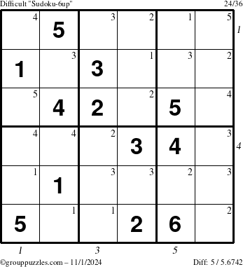 The grouppuzzles.com Difficult Sudoku-6up puzzle for Friday November 1, 2024 with all 5 steps marked