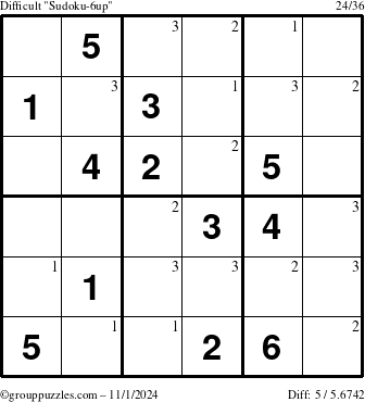 The grouppuzzles.com Difficult Sudoku-6up puzzle for Friday November 1, 2024 with the first 3 steps marked