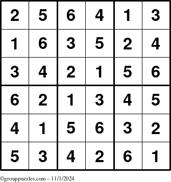 The grouppuzzles.com Answer grid for the Sudoku-6up puzzle for Friday November 1, 2024