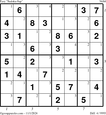 The grouppuzzles.com Easy Sudoku-8up puzzle for Friday November 1, 2024 with all 4 steps marked