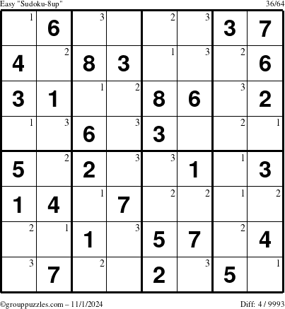 The grouppuzzles.com Easy Sudoku-8up puzzle for Friday November 1, 2024 with the first 3 steps marked