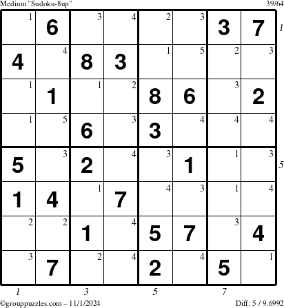 The grouppuzzles.com Medium Sudoku-8up puzzle for Friday November 1, 2024, suitable for printing, with all 5 steps marked