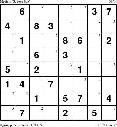 The grouppuzzles.com Medium Sudoku-8up puzzle for Friday November 1, 2024 with the first 3 steps marked