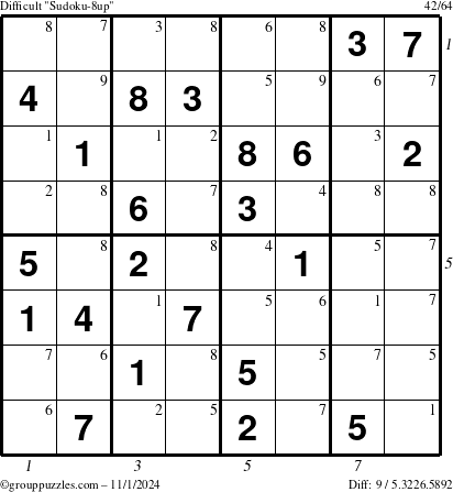 The grouppuzzles.com Difficult Sudoku-8up puzzle for Friday November 1, 2024, suitable for printing, with all 9 steps marked