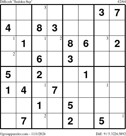 The grouppuzzles.com Difficult Sudoku-8up puzzle for Friday November 1, 2024 with the first 3 steps marked