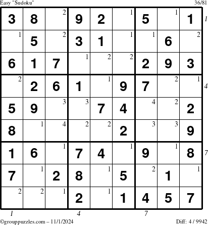 The grouppuzzles.com Easy Sudoku puzzle for Friday November 1, 2024, suitable for printing, with all 4 steps marked