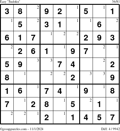 The grouppuzzles.com Easy Sudoku puzzle for Friday November 1, 2024 with the first 3 steps marked