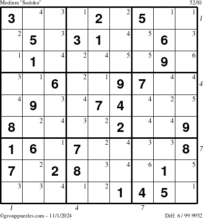 The grouppuzzles.com Medium Sudoku puzzle for Friday November 1, 2024, suitable for printing, with all 6 steps marked