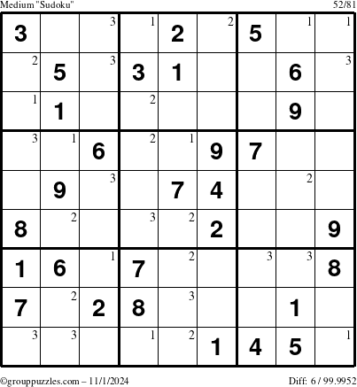 The grouppuzzles.com Medium Sudoku puzzle for Friday November 1, 2024 with the first 3 steps marked