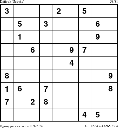 The grouppuzzles.com Difficult Sudoku puzzle for Friday November 1, 2024