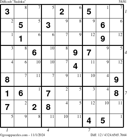 The grouppuzzles.com Difficult Sudoku puzzle for Friday November 1, 2024 with all 12 steps marked