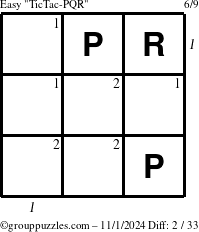 The grouppuzzles.com Easy TicTac-PQR puzzle for Friday November 1, 2024 with all 2 steps marked