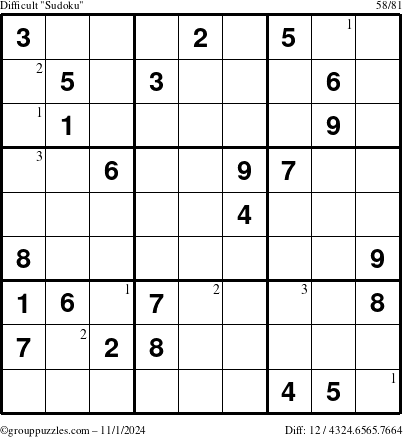 The grouppuzzles.com Difficult Sudoku puzzle for Friday November 1, 2024 with the first 3 steps marked