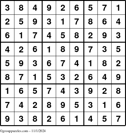 The grouppuzzles.com Answer grid for the Sudoku puzzle for Friday November 1, 2024