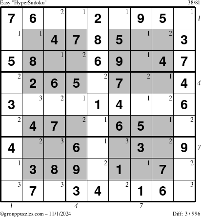 The grouppuzzles.com Easy HyperSudoku puzzle for Friday November 1, 2024, suitable for printing, with all 3 steps marked