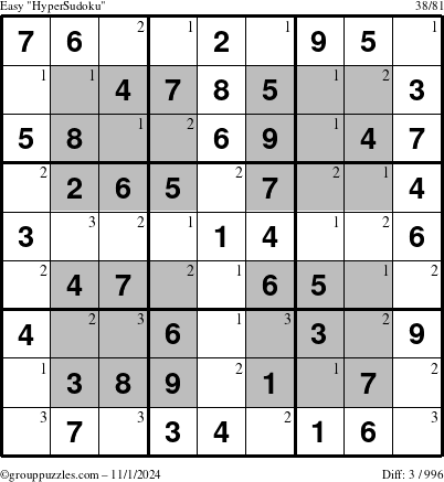 The grouppuzzles.com Easy HyperSudoku puzzle for Friday November 1, 2024 with the first 3 steps marked