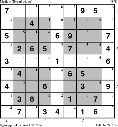 The grouppuzzles.com Medium HyperSudoku puzzle for Friday November 1, 2024, suitable for printing, with all 6 steps marked