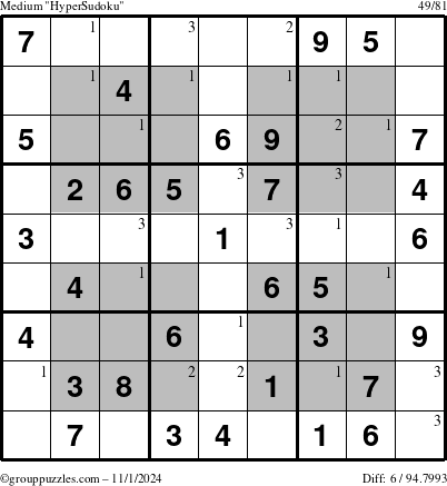 The grouppuzzles.com Medium HyperSudoku puzzle for Friday November 1, 2024 with the first 3 steps marked