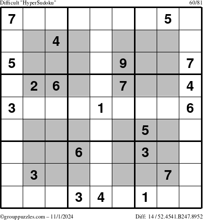 The grouppuzzles.com Difficult HyperSudoku puzzle for Friday November 1, 2024