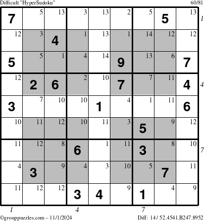 The grouppuzzles.com Difficult HyperSudoku puzzle for Friday November 1, 2024, suitable for printing, with all 14 steps marked