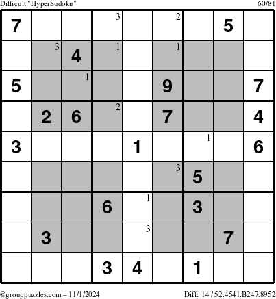 The grouppuzzles.com Difficult HyperSudoku puzzle for Friday November 1, 2024 with the first 3 steps marked