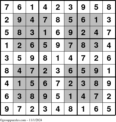 The grouppuzzles.com Answer grid for the HyperSudoku puzzle for Friday November 1, 2024