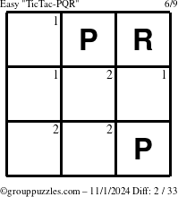 The grouppuzzles.com Easy TicTac-PQR puzzle for Friday November 1, 2024 with the first 2 steps marked