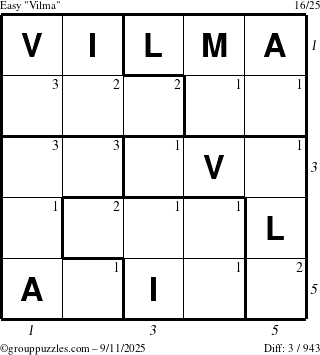 The grouppuzzles.com Easy Vilma puzzle for Thursday September 11, 2025 with all 3 steps marked