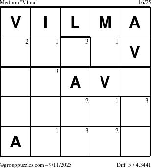The grouppuzzles.com Medium Vilma puzzle for Thursday September 11, 2025 with the first 3 steps marked
