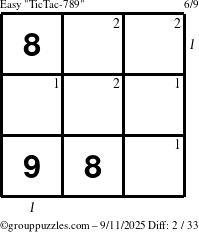 The grouppuzzles.com Easy TicTac-789 puzzle for Thursday September 11, 2025, suitable for printing, with all 2 steps marked