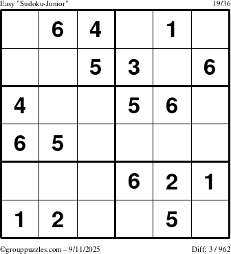 The grouppuzzles.com Easy Sudoku-Junior puzzle for Thursday September 11, 2025