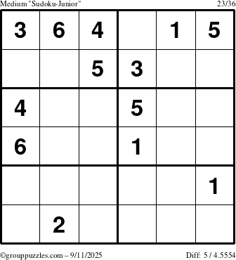 The grouppuzzles.com Medium Sudoku-Junior puzzle for Thursday September 11, 2025