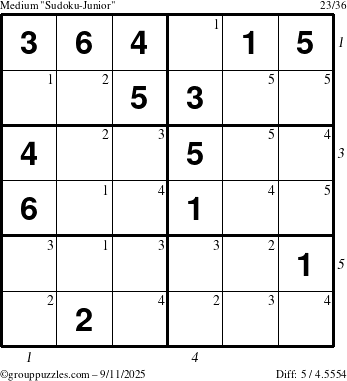 The grouppuzzles.com Medium Sudoku-Junior puzzle for Thursday September 11, 2025 with all 5 steps marked
