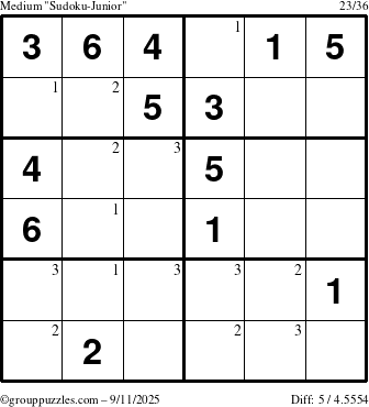 The grouppuzzles.com Medium Sudoku-Junior puzzle for Thursday September 11, 2025 with the first 3 steps marked