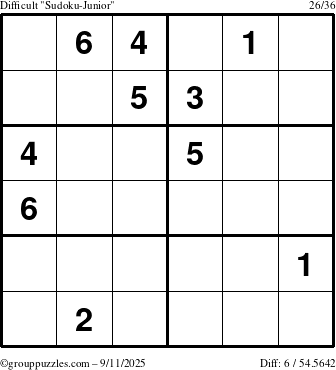 The grouppuzzles.com Difficult Sudoku-Junior puzzle for Thursday September 11, 2025