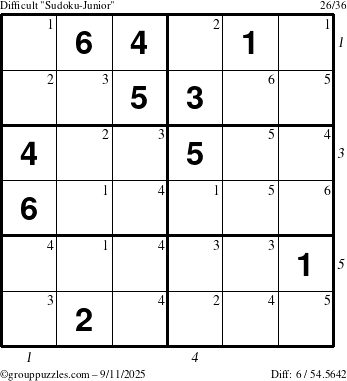 The grouppuzzles.com Difficult Sudoku-Junior puzzle for Thursday September 11, 2025 with all 6 steps marked