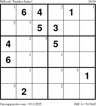 The grouppuzzles.com Difficult Sudoku-Junior puzzle for Thursday September 11, 2025 with the first 3 steps marked