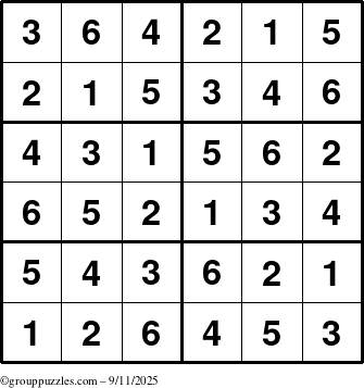 The grouppuzzles.com Answer grid for the Sudoku-Junior puzzle for Thursday September 11, 2025