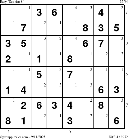 The grouppuzzles.com Easy Sudoku-8 puzzle for Thursday September 11, 2025 with all 4 steps marked