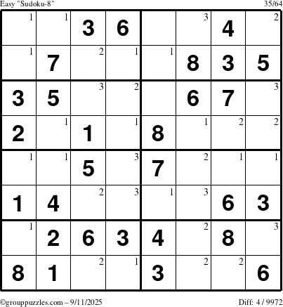The grouppuzzles.com Easy Sudoku-8 puzzle for Thursday September 11, 2025 with the first 3 steps marked