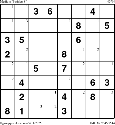The grouppuzzles.com Medium Sudoku-8 puzzle for Thursday September 11, 2025 with the first 3 steps marked