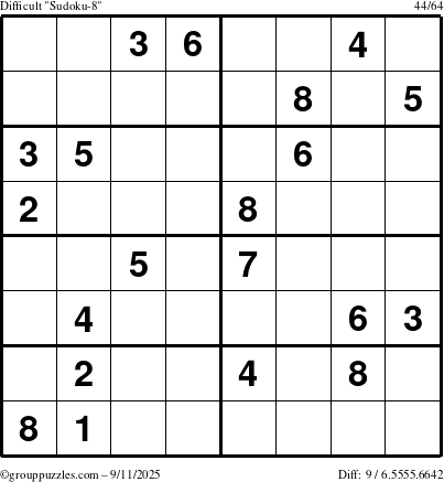 The grouppuzzles.com Difficult Sudoku-8 puzzle for Thursday September 11, 2025