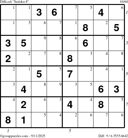 The grouppuzzles.com Difficult Sudoku-8 puzzle for Thursday September 11, 2025 with all 9 steps marked