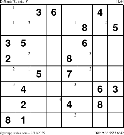 The grouppuzzles.com Difficult Sudoku-8 puzzle for Thursday September 11, 2025 with the first 3 steps marked