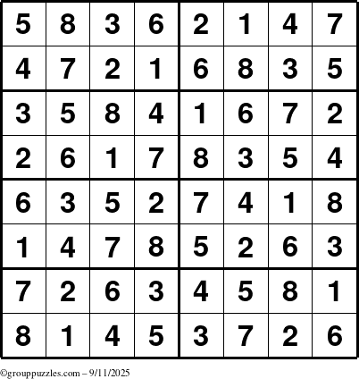 The grouppuzzles.com Answer grid for the Sudoku-8 puzzle for Thursday September 11, 2025