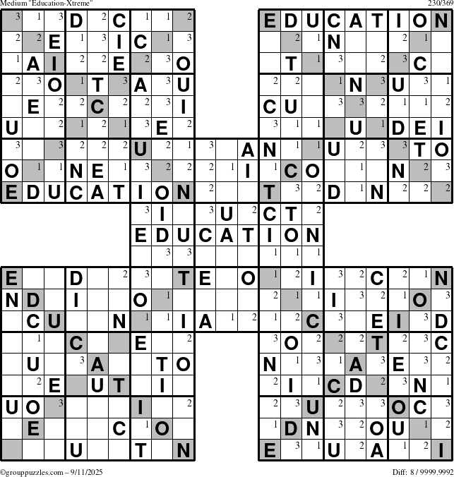 The grouppuzzles.com Medium Education-Xtreme puzzle for Thursday September 11, 2025 with the first 3 steps marked
