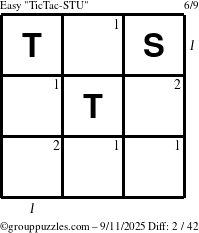 The grouppuzzles.com Easy TicTac-STU puzzle for Thursday September 11, 2025 with all 2 steps marked