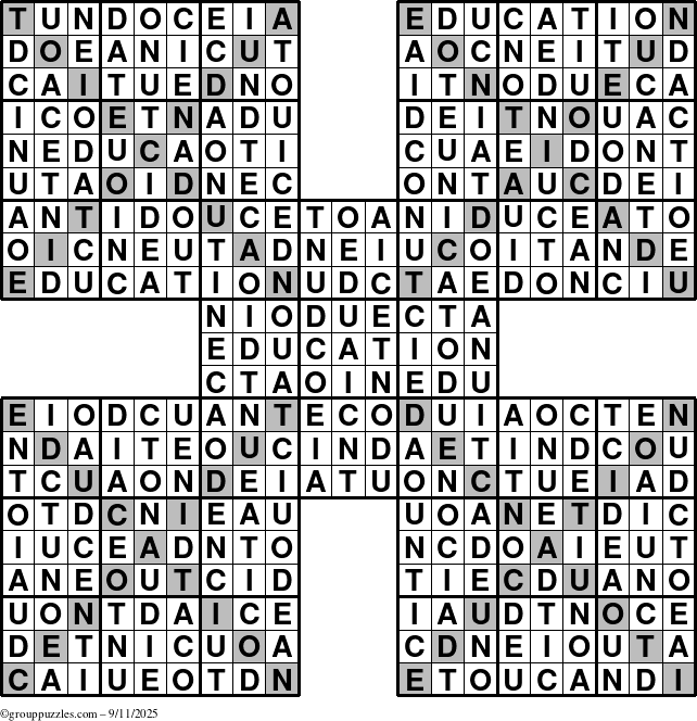 The grouppuzzles.com Answer grid for the Education-Xtreme puzzle for Thursday September 11, 2025